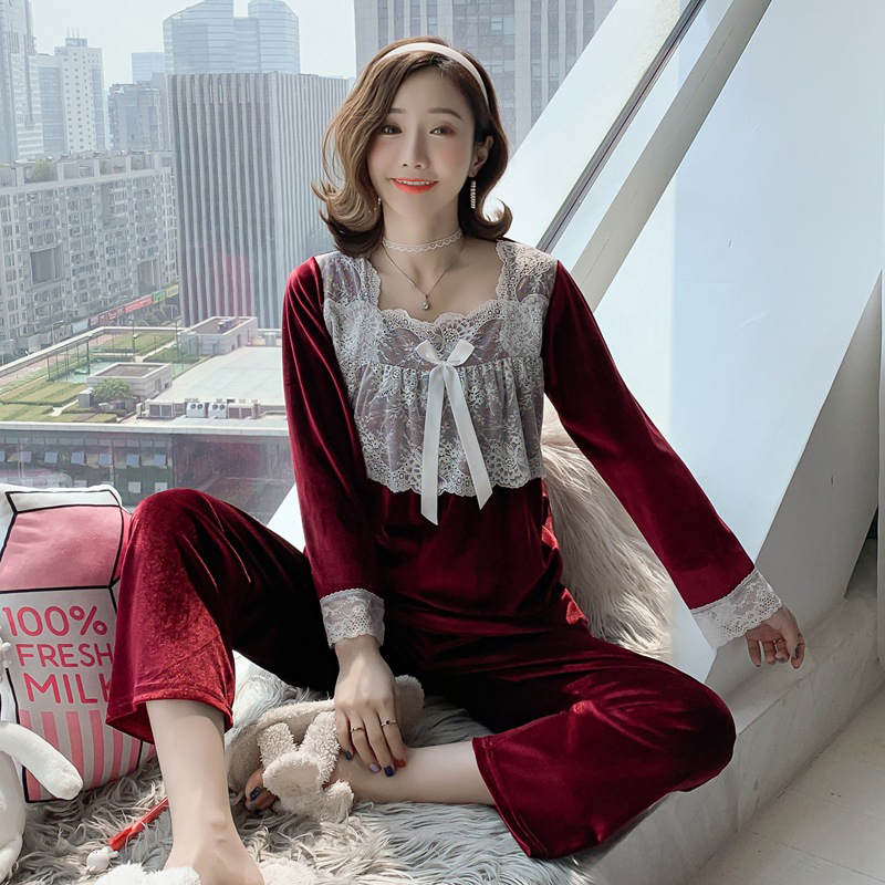 

2021sleepwear 2021 womens pajamas autumn and winter warm pajamas set ladies lace pajamas home service 2pieces, Black;red