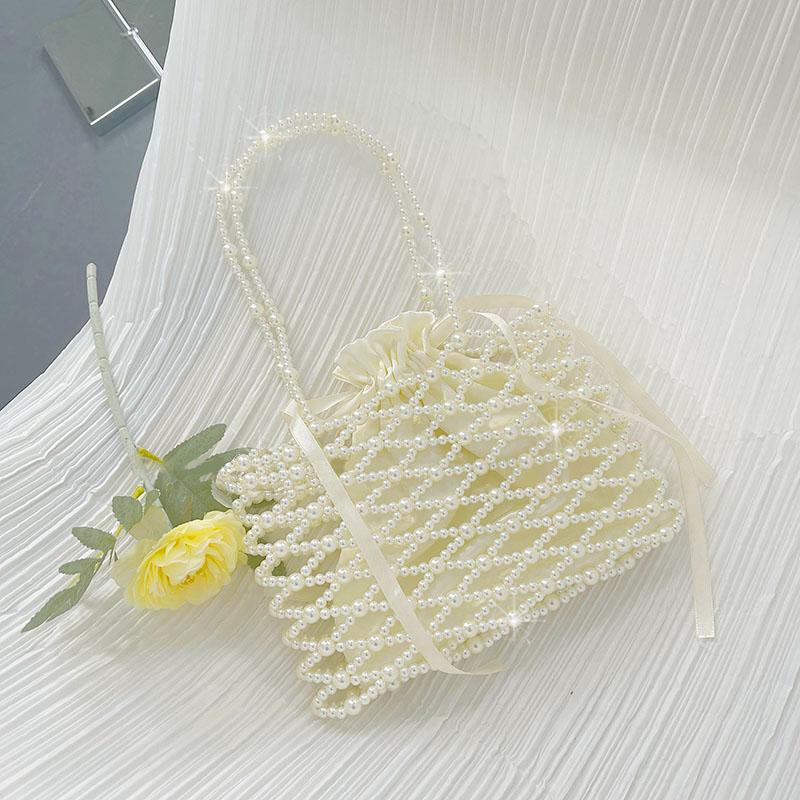 

Evening Bags Women Pearl Hollow Out Single-Shoulder Bag, Beads Weaving Single Shoulder Square Small Handbag With Inner Drawstring Bag