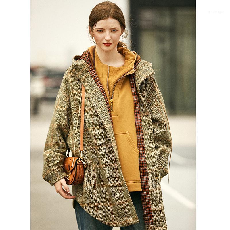 

Women's Wool & Blends Coat Women Over Size Casual Style 95% Blended Hooded Neck Long Sleeve Pockets Plaid Fashion, As picture