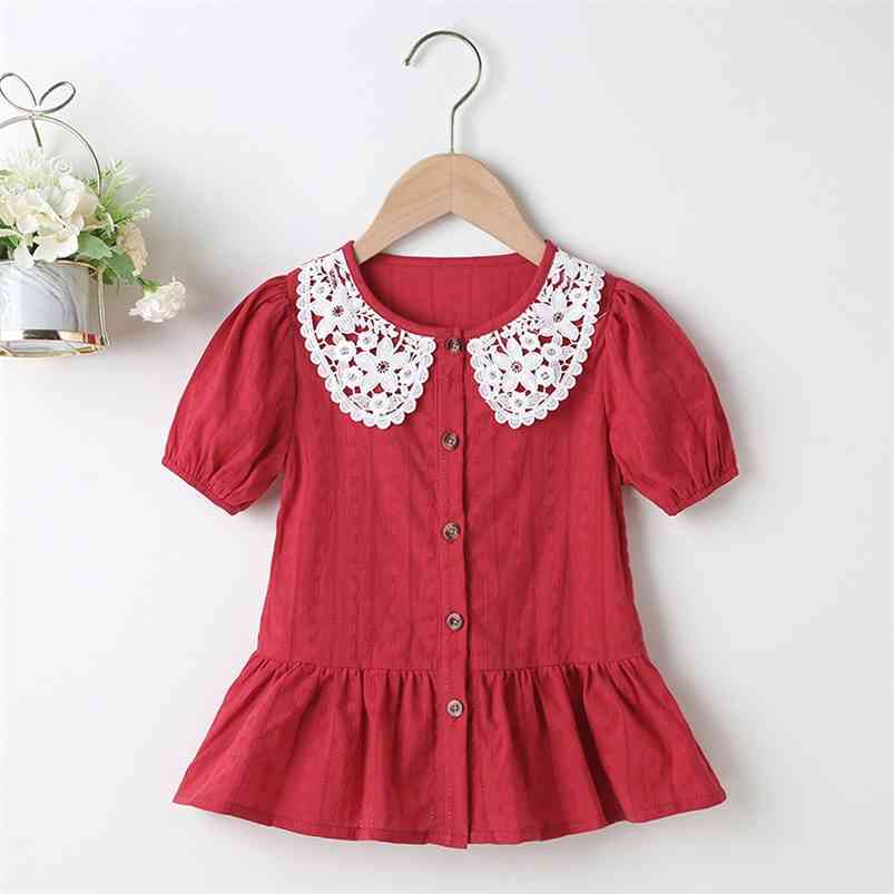 

Summer Girls Dress Short Sleeve Lace Single Breasted Red Solid Bodycon Cute Vestidos 18M-6T 210629