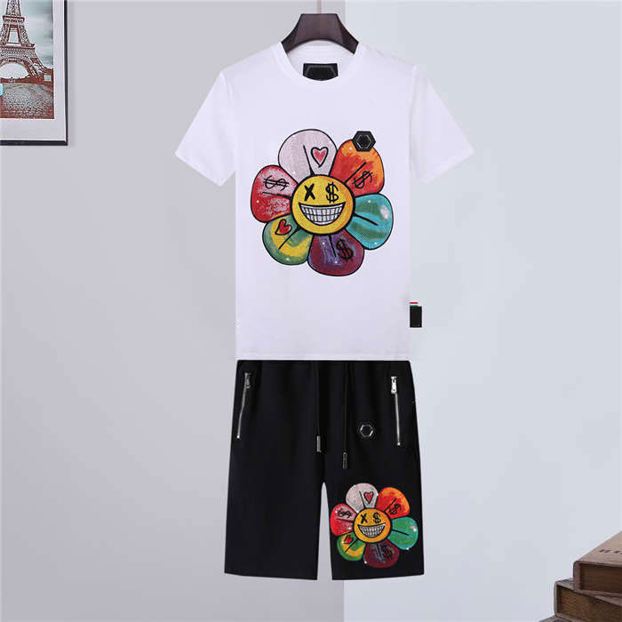 

Men Tracksuits Top Quality Fashion Hawaiian Flower Short Sleeve Set Men's Beach Hip Hop Print Male Daily Beach T Shirt phillip plain Two-piece -3XL, White