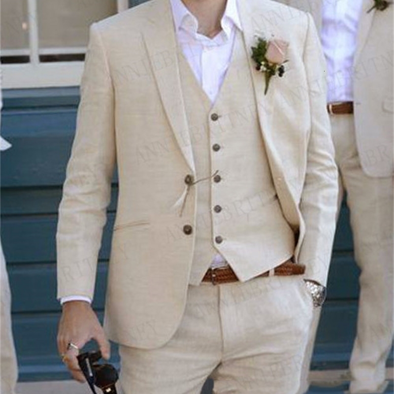 

Men's Suits & Blazers 2021 suit beige linen beach wedding for casual man blazer custom groom jacket pants define 3 parts, Black