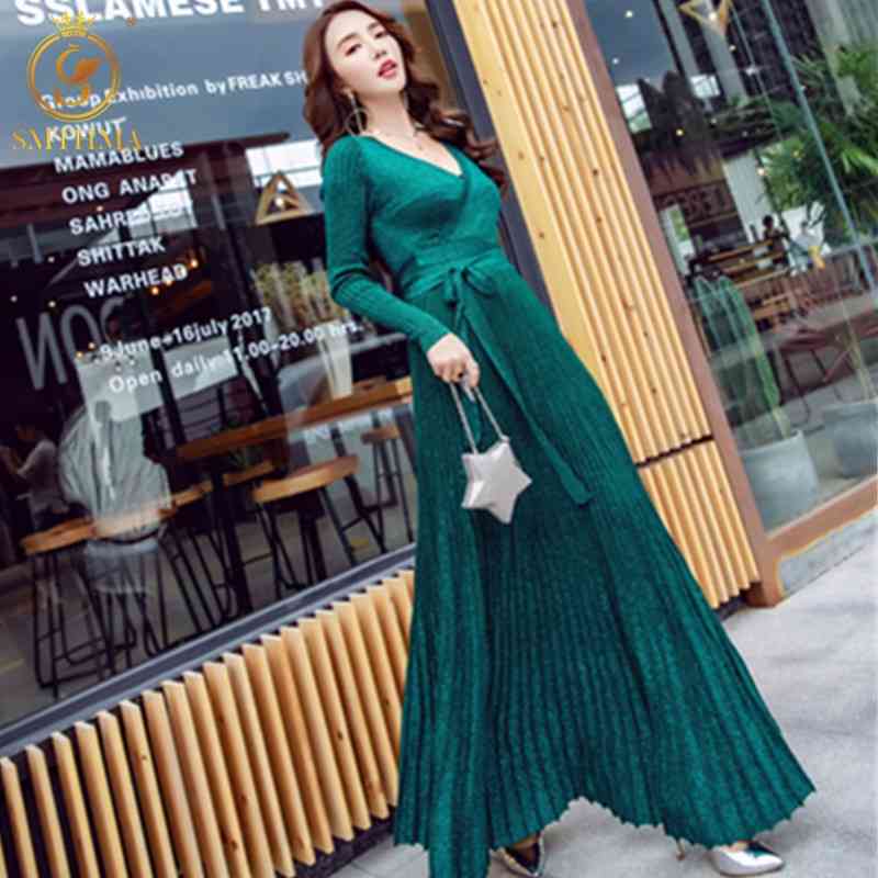 

Elegant French Girl Chic V-Neck Full Sleeve Knitting Long Dresses Bright Silk Pleated Vestido Da Festa Winter 210520, Picture color