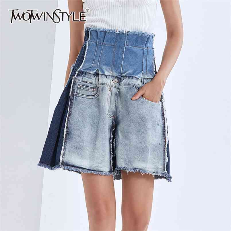 

Patchwork Tassel Hit Color Wide Leg Short For Women High Waist Casual Shorts Female Summer Fashion Style 210521, Blue