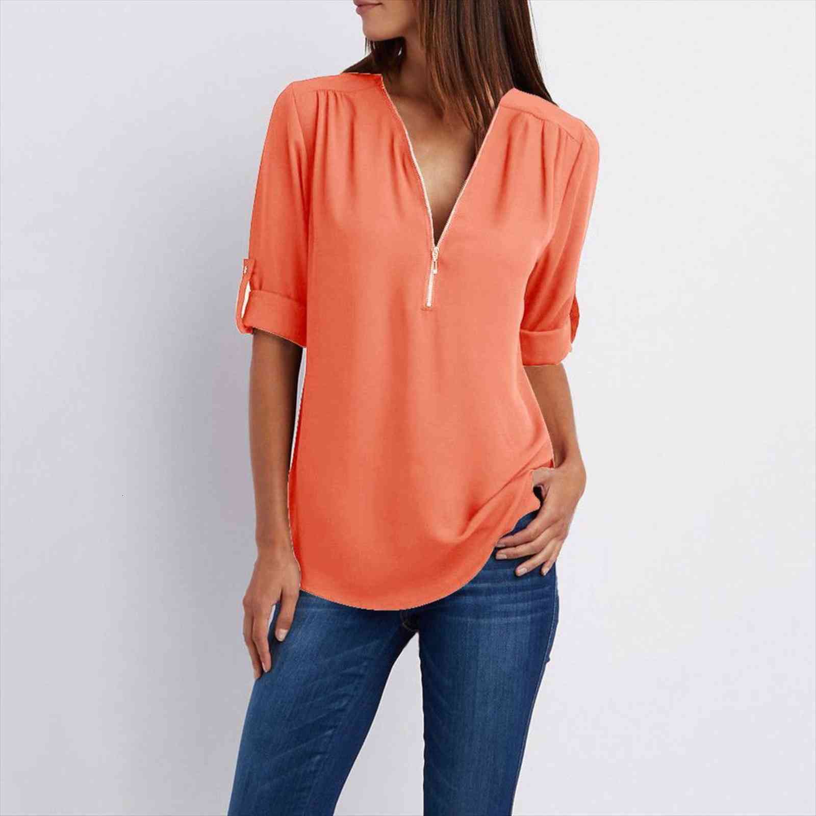 

plus size office womens shirt short sleeve zipper button long sleeves loose chiffon clothing 5xl, White