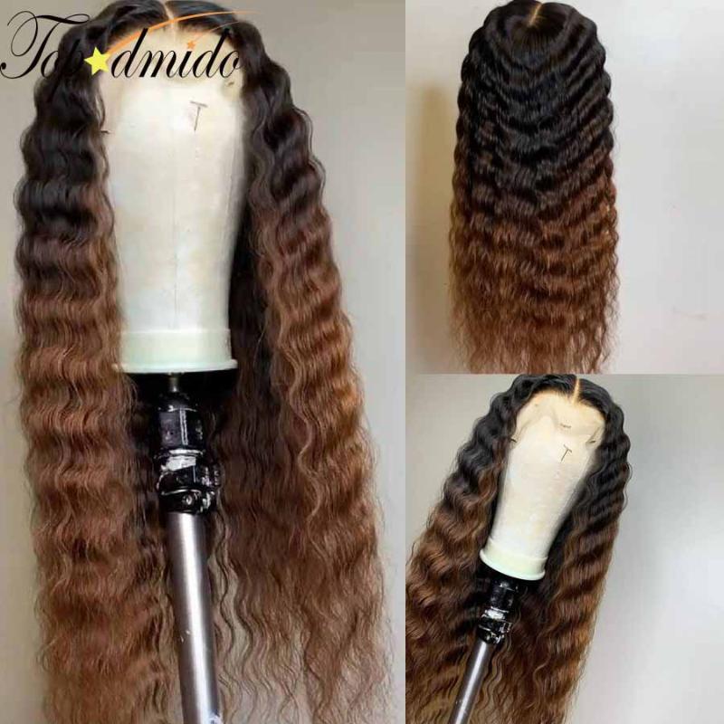 

Lace Wigs TOPODMIDO Human Hair 13x4 Front With Baby Ombre Brown Color Brazilian Closure Deep Wave Glueless, Black;brown