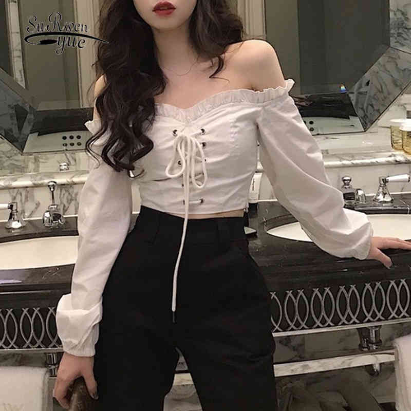 

Chic Spring One-word Shoulder Vintage Shirt Tops for Women Long Sleeve Solid Cotton Strap Office Lady Sweet Blouse Blusas 14314 210518, Black