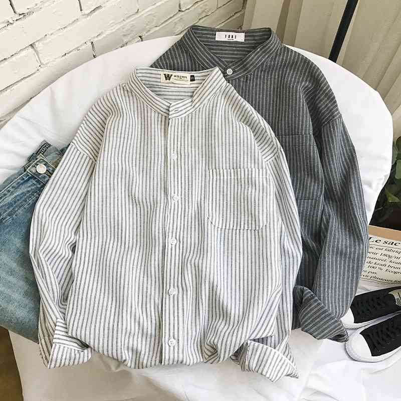 Autumn 2020 new stand collar Long Sleeve Shirt Men&#039;s Korean versatile loose student striped shirt thin-image-707038335