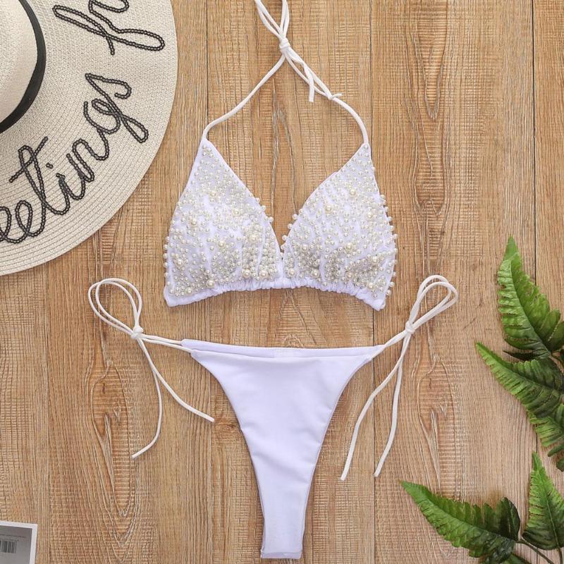 

Women's Swimwear 2021 Halter Mini Bikini Female Swimsuit Women Set Two-pieces Bather Pearl Lady Luxury Suit Bathing Swim E1H3, L-blue