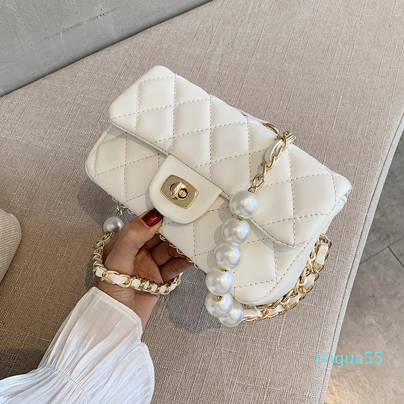 

Quilted Pearl Chain PU Leather solid Color Crossbody Bags For Women Fashion Small Shoulder Bag Female Handbags And Purses, Blue