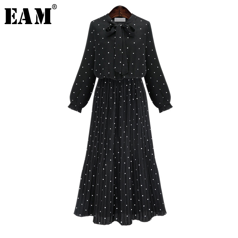 

EAM 2021 New Spring Round Neck Long Sleeve Solid Black Chiffon Dot Loose Big Size Dress Women Fashion Tide JA23601M