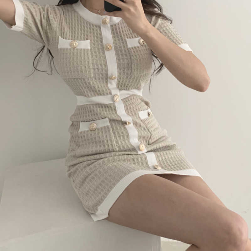 

Button Knitted Dress Bodycon Mini Vestido Curto Korean Summer Sexy Party Elegant Black Moda Feminina Ropa Mujer 2020 Robes Y0603, Beige