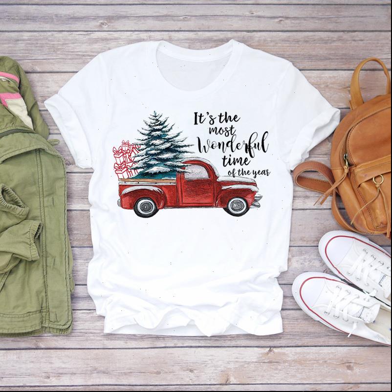 

cartoon truck vintage happy christmas womens t shirt snow print graphic tee, White