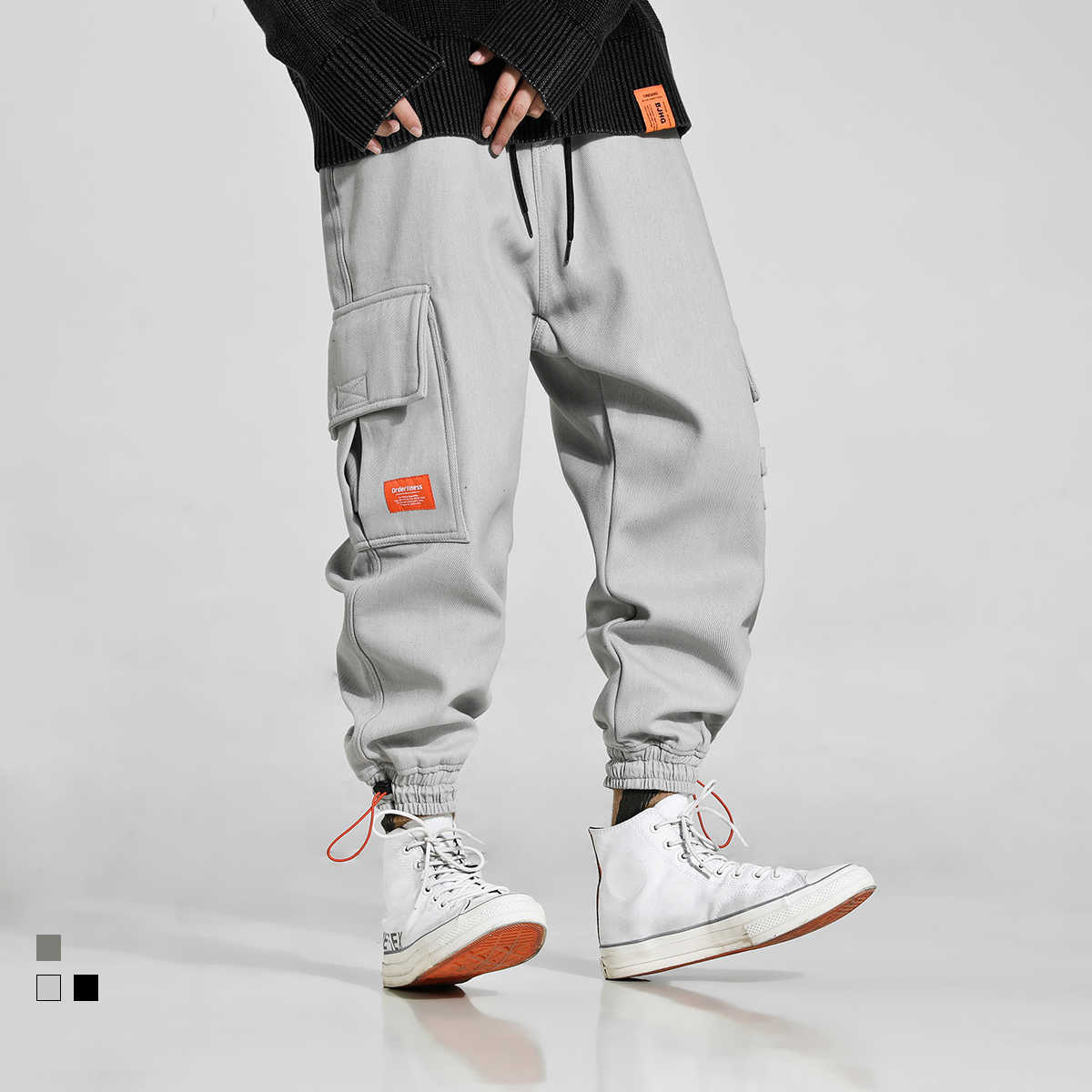 

Autumn Winter Fashion Men Jeans Loose Fit Big Pocket Casual Thick Warm Cargo Pants Hip Hop Joggers Plus Veet Wide Leg Trousers, Gray