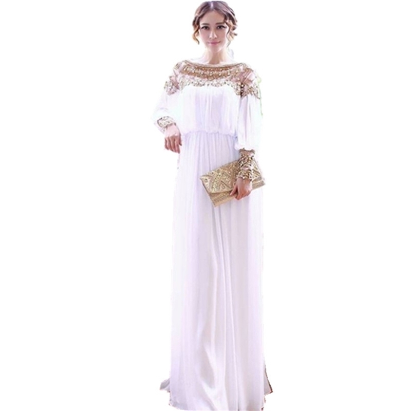 

fashion Luxury Runway beaded chiffon long women dress elegant brand white maxi Long 210603, Picture color