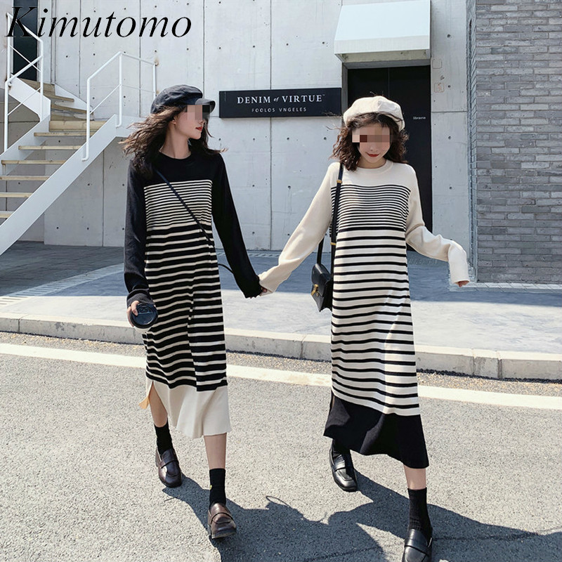 

Kimutomo Elegant Striped Knitted Dress Women O-neck Patchwork High Waist Long Sleeve Dress Spring Autumn Korea Chic 210521, Black