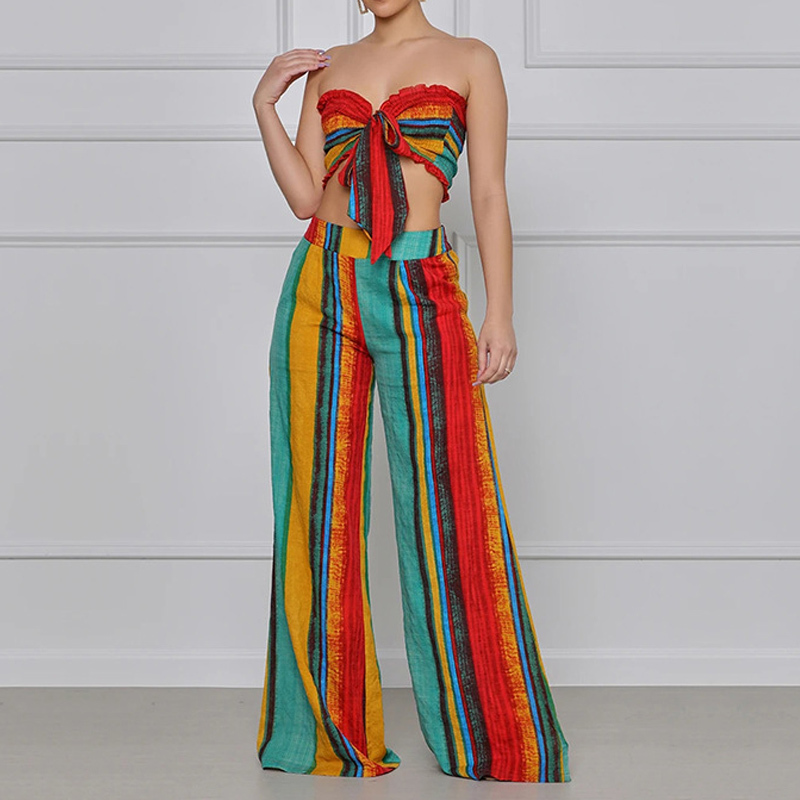 

Women Two Piece Pants Set Fashion Strapless Crop Tops And Stripe Wide Leg Pants Suit Female Casual Simple Tracksuits 210521, Multi