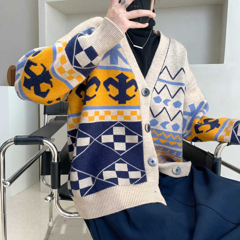 

Autumn Knitwear Sweater Women' Cardigan Vintage Print V Collar Long Sleeve Tops 9101. 210607, Apricot