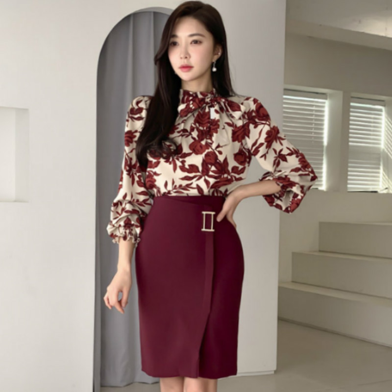 

Spring 2 Piece Dress Korea Print Lantern Sleeve Blouse Shirt Mini Bodycon Casual Office Sets Women OL Suits, Black;gray