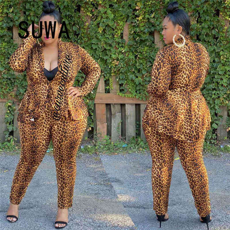 

Wholesale Plus Size Clothing 2 Piece Outfits For Women Leopard Long Sleeve Blazers Top + High Waist Pants Trousers Matching Sets 210525, Brown