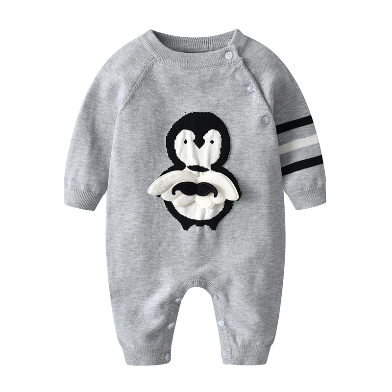 

Infant&Toddler fashion long sleeve knitted rompers baby boys gray O-neck jumpsuit girls cartoon penguin climb clothes