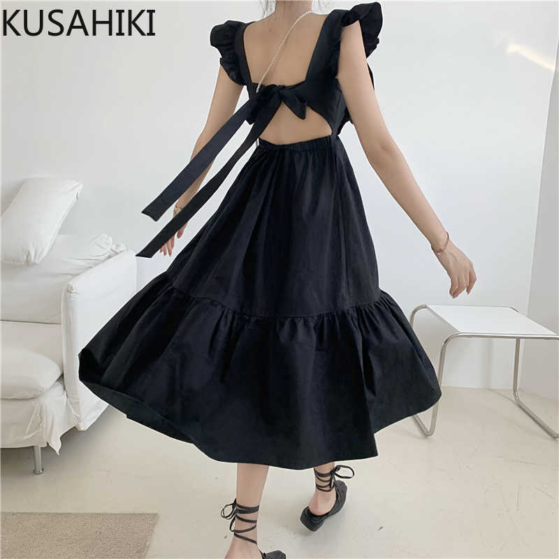 

KUSAHIKI Square Collar Dresses Korean Ruffle Sleeveless Vestidos Femme Bow Tie Backless Women Dress Sprign 6G164 210602, Black