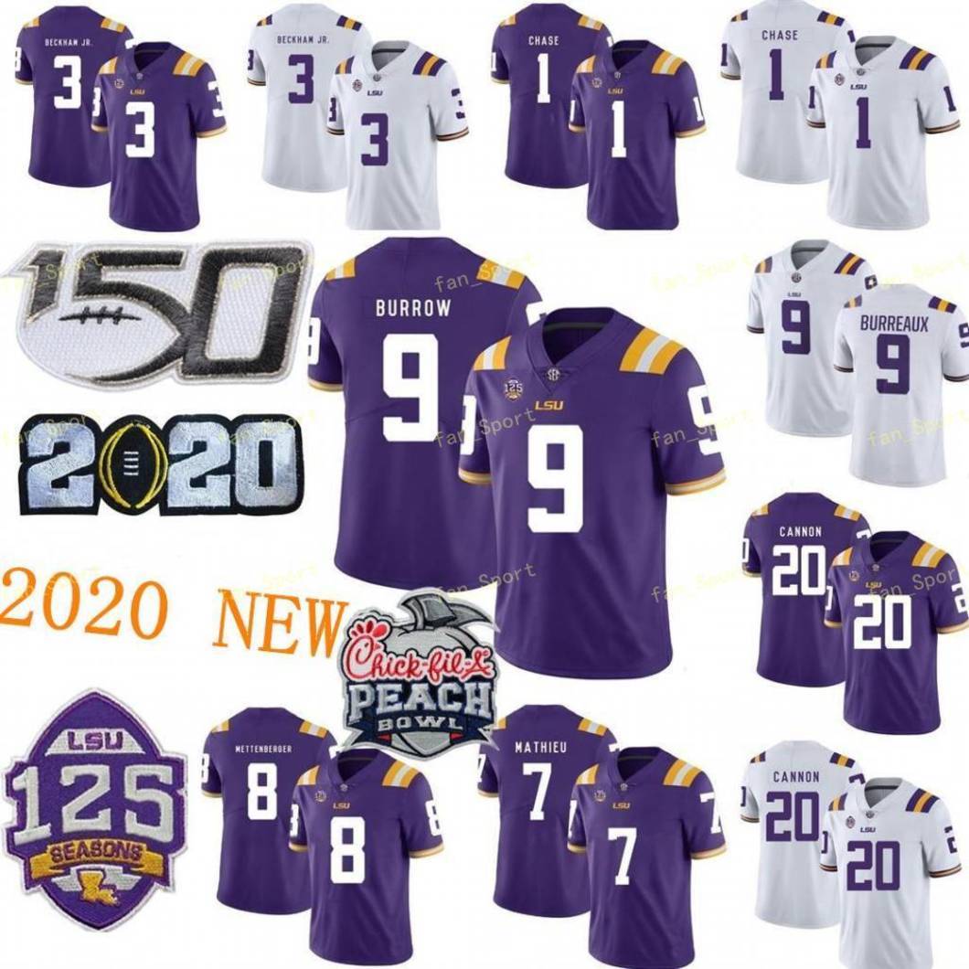 

LSU Tigers BURREAUX Champions Jersey 9 Joe Burrow Peach Bowl 150TH 3 Odell Beckham Jr. 7 Tyrann Mathieu Delpit 1 Chase Nickname, As