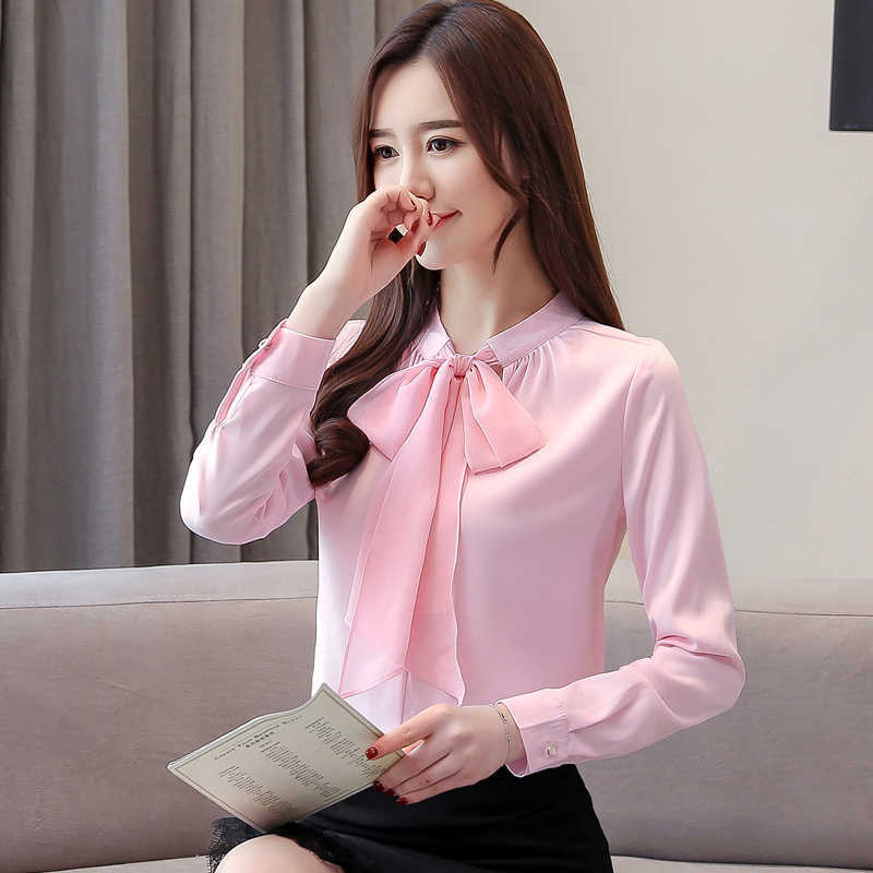

Korean Women Blouses Chiffon Shirts Woman Long Sleeve Bow Tie Blouse Tops Plus Size Ladies White Top 3XL 210604