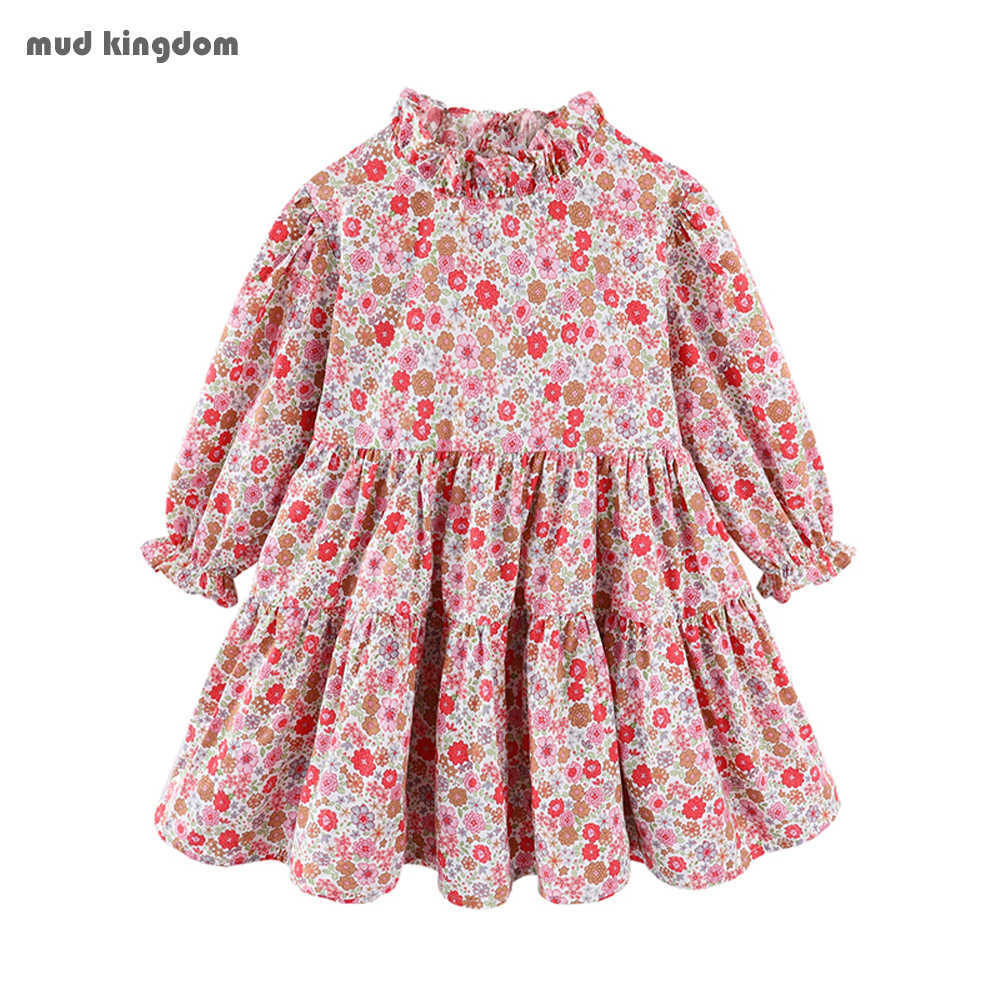 

Mudkingdom Floral Girls Vintage Dresses with Wrap Ruffle Collar Spring Cute Girl Long Sleeve Dress Children Flower Clothes 210615, With red wrap