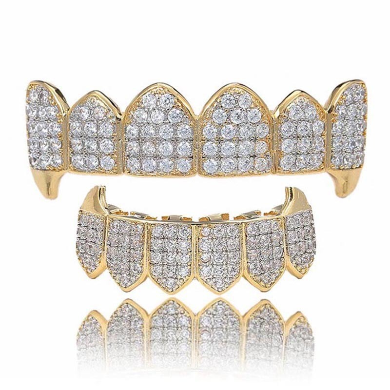 

Hip Hop Teeth Iced Out Zircon Top & Bottom Set for Men Women Vampire Tooth Grillz Rock Jewelry Copper