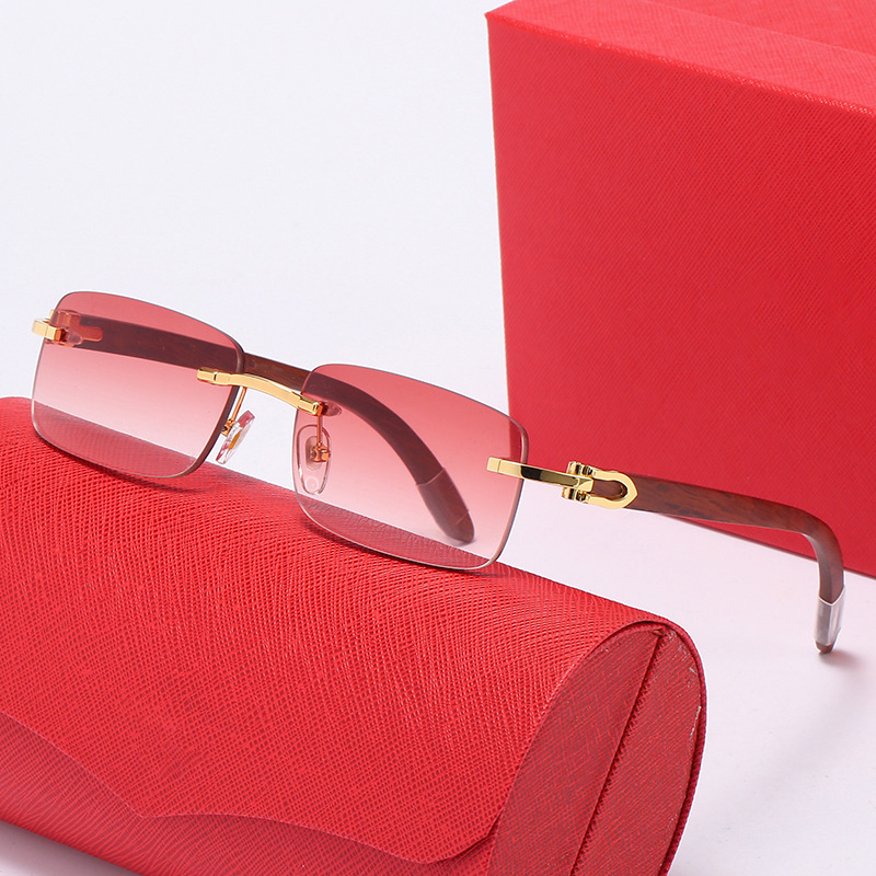 

2020 Fashion Mens Buffalo Horn Glasses Sunglasses for Man and Women Rimless Red Lens Sport Sunglasses Metal Frame Lunettes Gafas De Sol