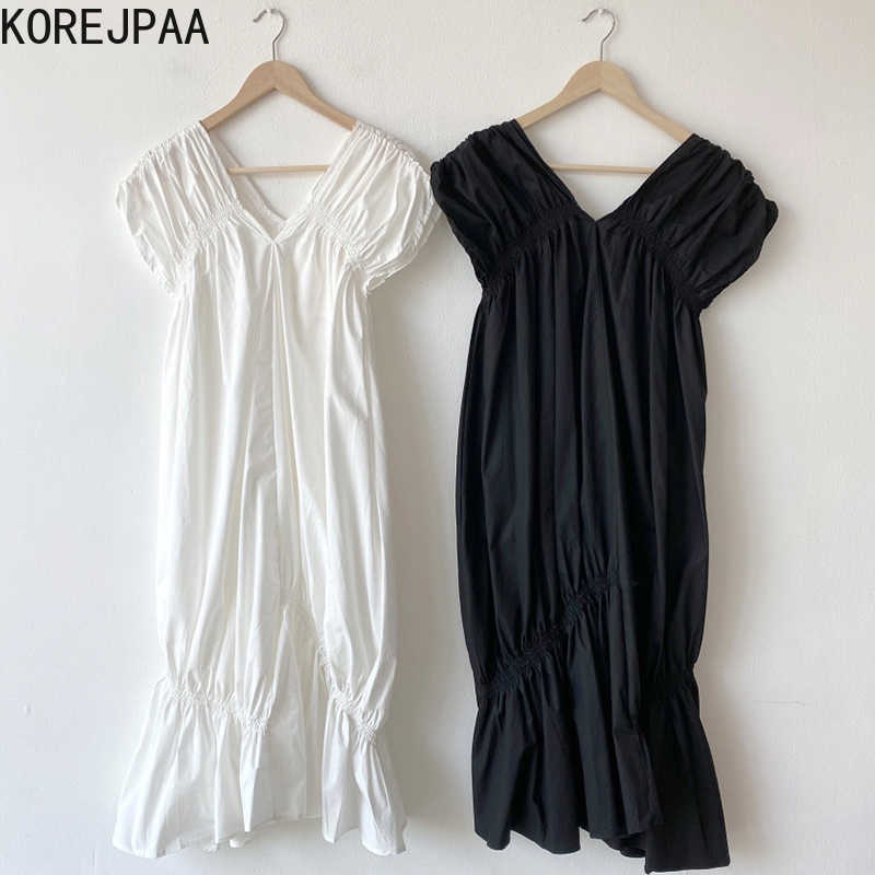 

Korejpaa Women Dress Summer Korean Minimalist Elegant V-neck Loose Pleated Short Sleeve Mid-length Irregular Ruffle Vestido 210526, White