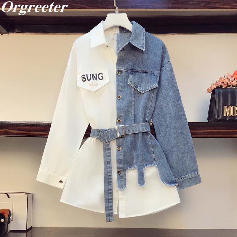 

Plus Size L-4XL Women's Shirt Chic Contrast color stitching Irregular Denim Blouse Tops Blusas Mujer De Moda Verano 210525, White