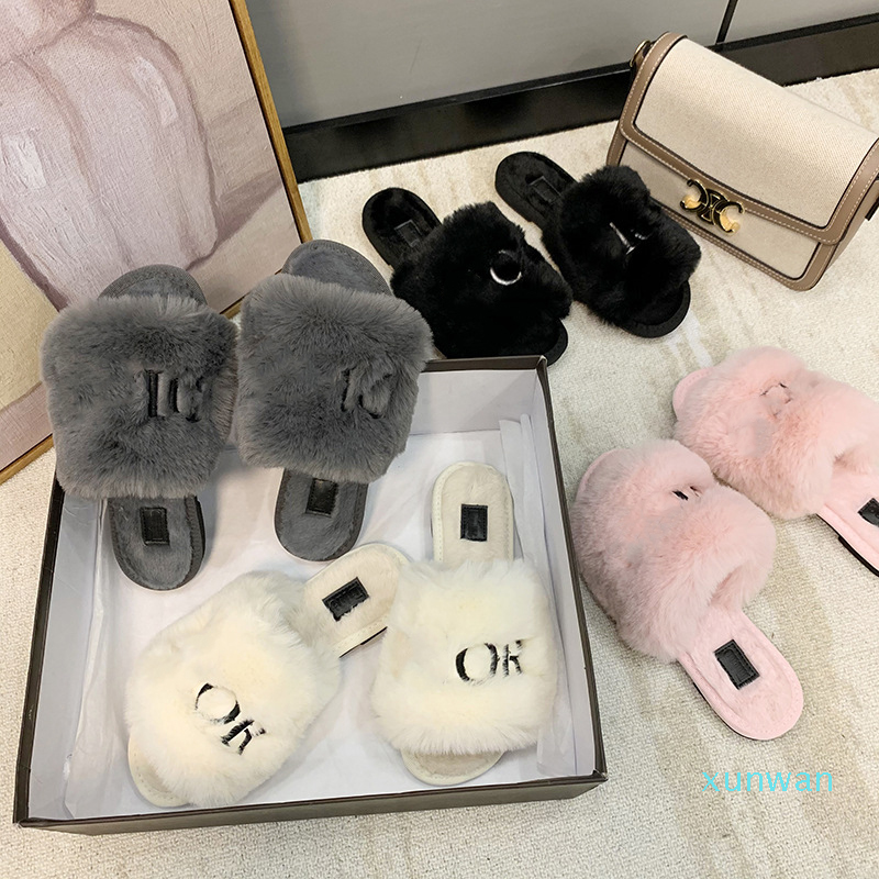 

2021 Fashion Women Slides Winter Fluffy Furry Slippers Warm Comfortable Fuzzy Girl Flip Flops Slippers Size 36-42, C pink