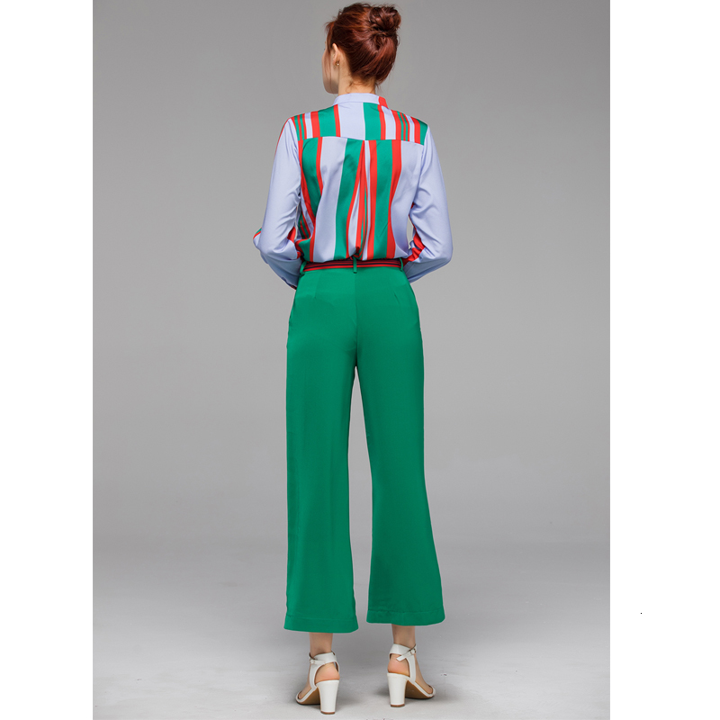 

pants SEQINYY Set Summer 2021 Spring Fashion Design Stripes Print Shirt + Green Single Pants Occasional Tuesdays For Women, Gray