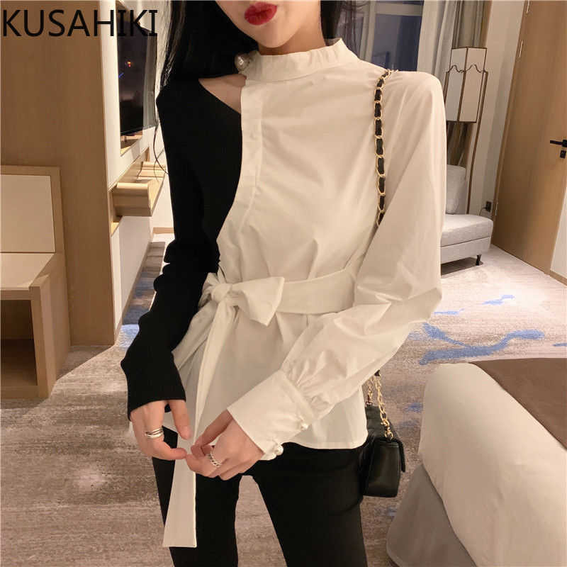 

Spring Korean stand neck Women Blouses Hit Color Patchwork Tops Bow Bandage Slim Waist Blusas Shirt 6F858 210603, White