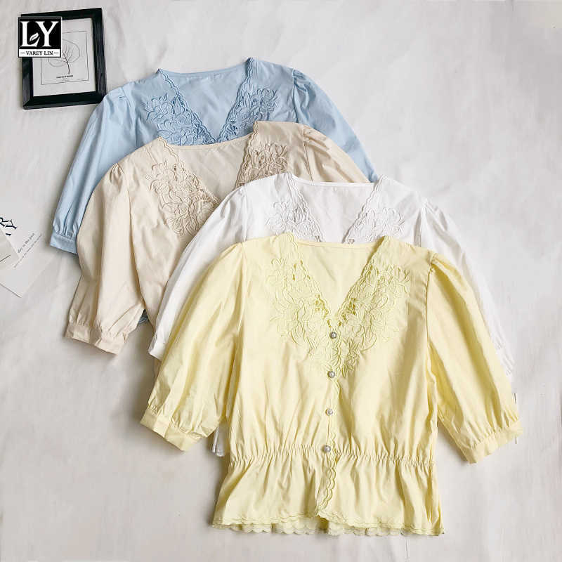 

LY VAREY LIN Summer Women Sweet V-neck Embroidery Tops Shirts Casual Single Breasted Puff Sleeve Ruffles Female Short 210526, Light blue