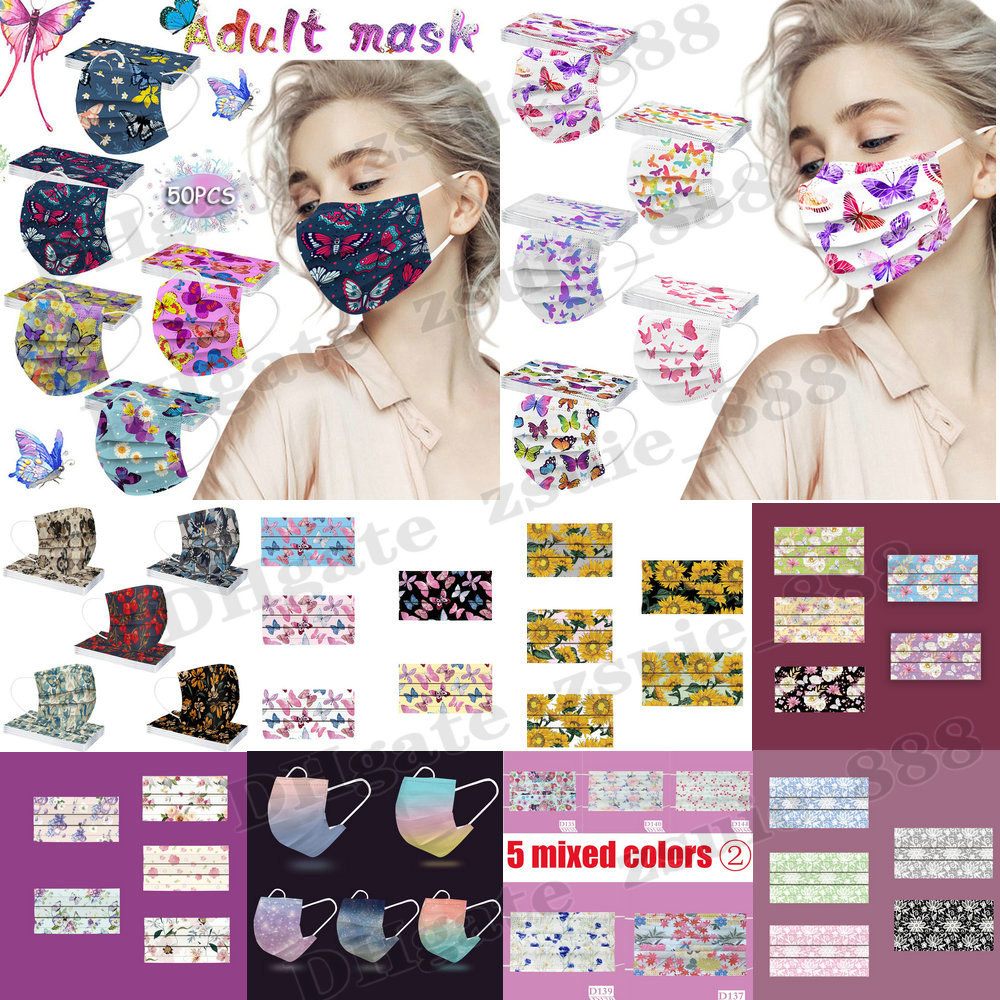 

Fashion Adult Mask Individual Pack 10pcs/pack Beautiful Printing Butterfly Designer Face Maske 3 Layers Disposable Protective Mascarilla In Stock