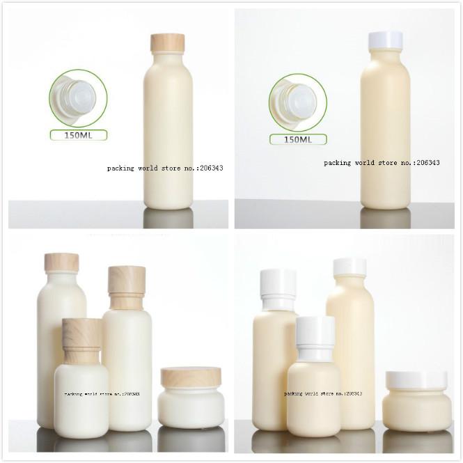 

Storage Bottles & Jars 150ml Frosted Beige Glass Bottle With White/wood Shape Lid Plastic Stopper For Water /toner/lotion/emulsion Cosmetic