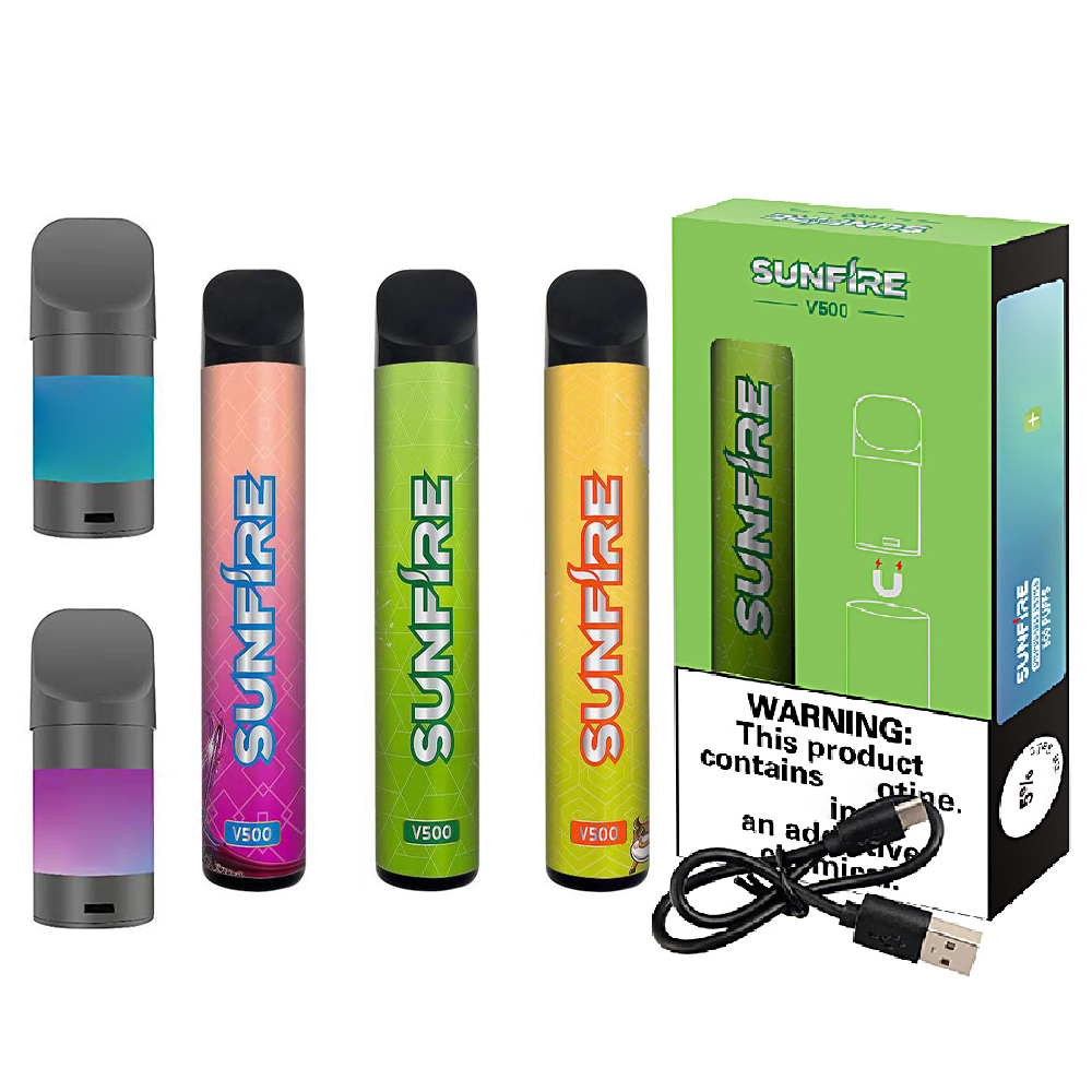 

Authentic Sunfire V500 Disposable E cigarettes Device Kits 500 Puffs Vape Pen 500mAh Rechargeable Battery 2ml Replaceable Prefilled Cartridge Pods With USB