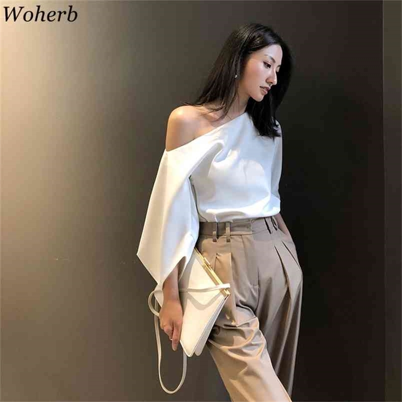

Asymmetrical Shirt Women Fashion Blouses Sexy Off Shoulder Top Solid White Korean Enegant Blouse Clothing 210519