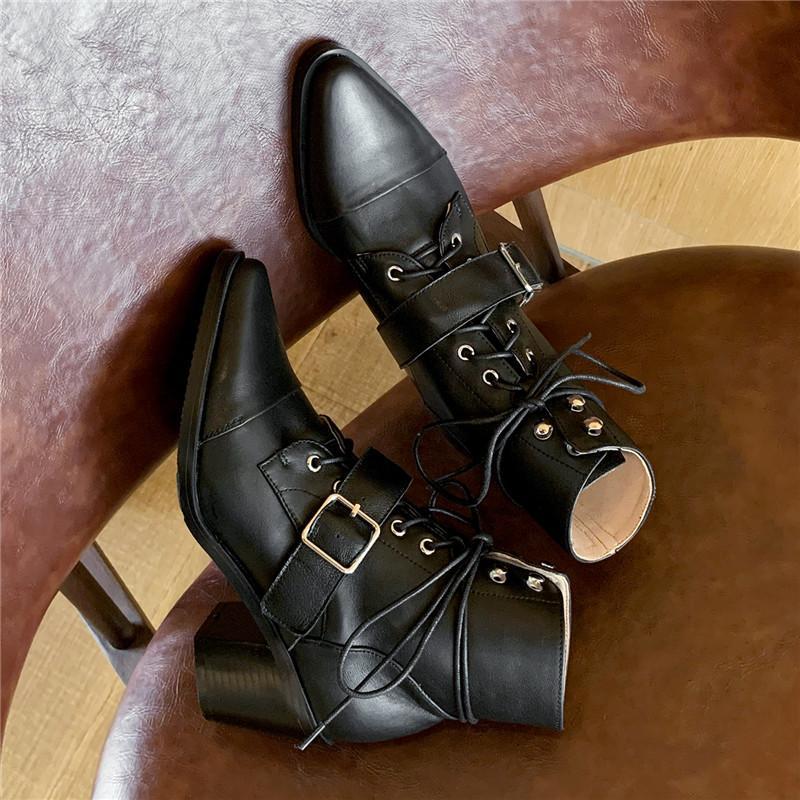 

Boots Chunky Heel Ankle Leather Strap Buckles Short Pointed Toe Punk Laces Shoes Genuine Brand Fashion 03SR, Blavk velvet
