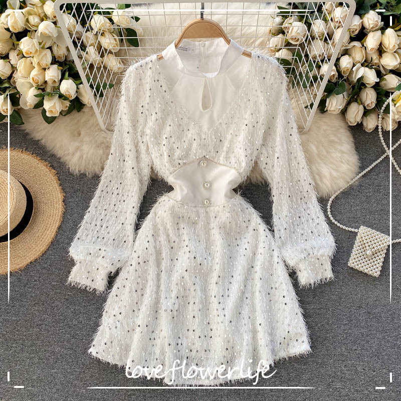 

LoveFlowerLife Spring Autumn Vintage O Neck Slim Solid Dress A Line Chiffon Puff Sleeve Mid Calf Women Dresses 210521, White