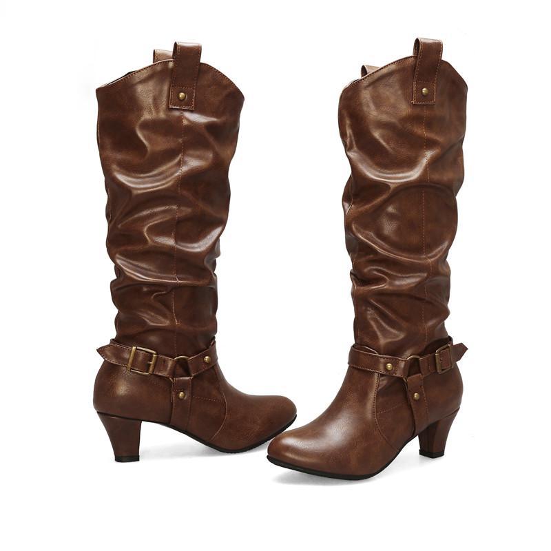 

Boots MoonMeek big size 34-43 fashion mid calf women round toe slip on high heels ladies pleated autumn winter X0VU, Gun colors