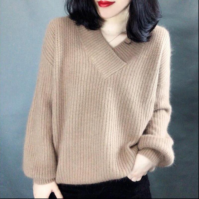 

v neck autumn knitted women sweaters lantern sleeve cashmere pullover solid elegant pull femme drop, White;black