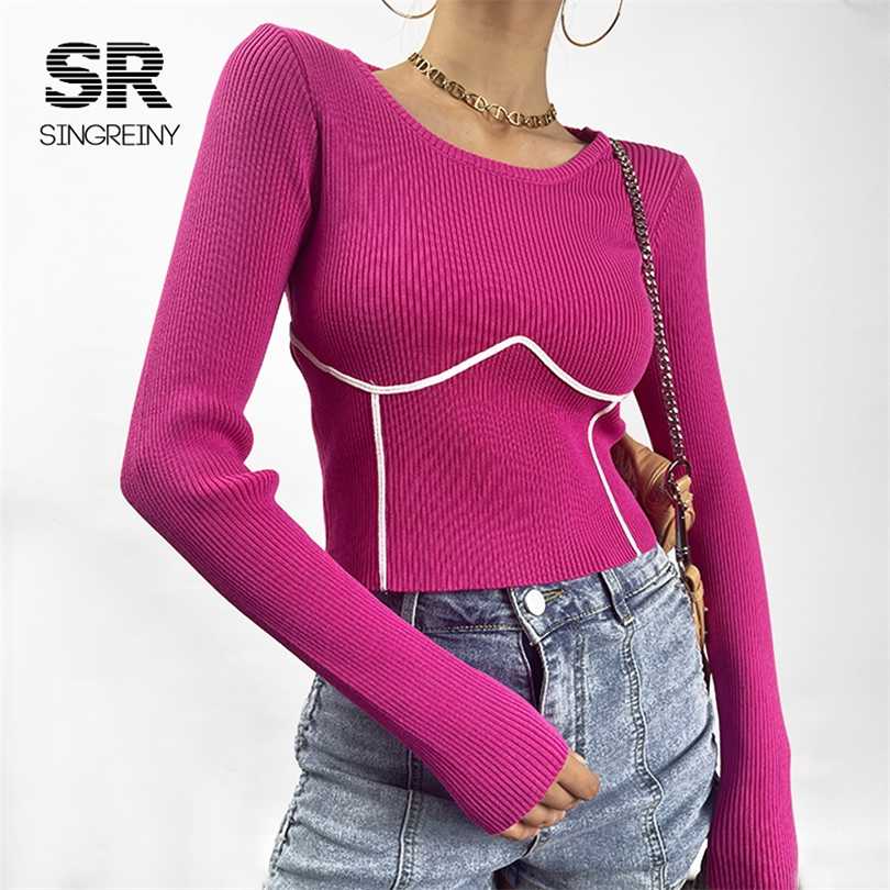 

SINGREINY Women Knitted Sweater Long Sleeves O Neck Solid Elastic Slim Knit Basic Tops Autumn Casual Female Pullovers 211018, Blue