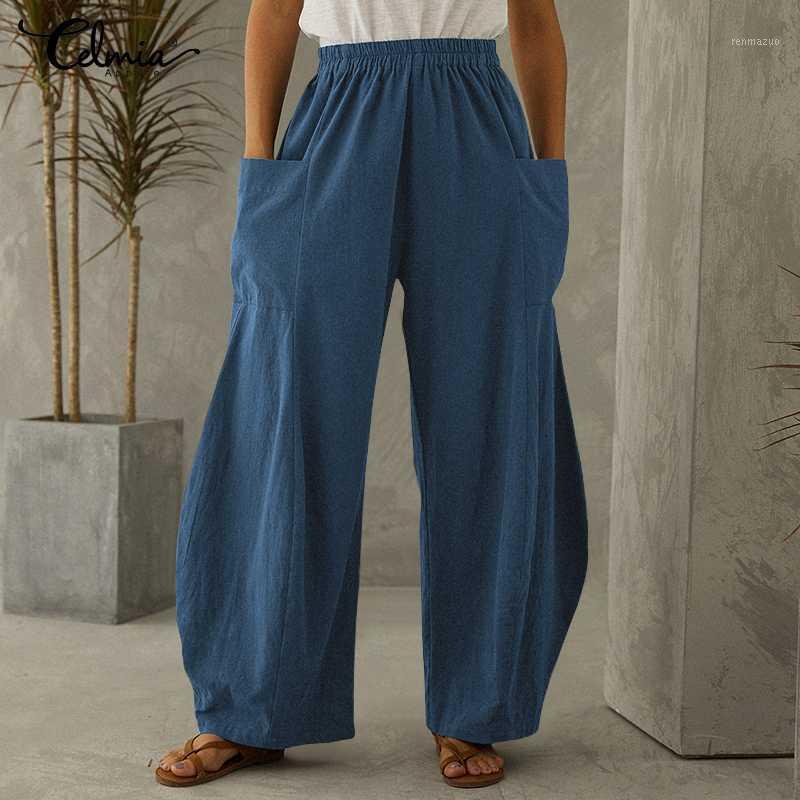 

Women's Pants & Capris Vintage For Women Celmia Autumn High Elastic Waist Wide Leg Trousers 2021 Fashion Casual Solid Pockets Pantalon Femme, Black;white