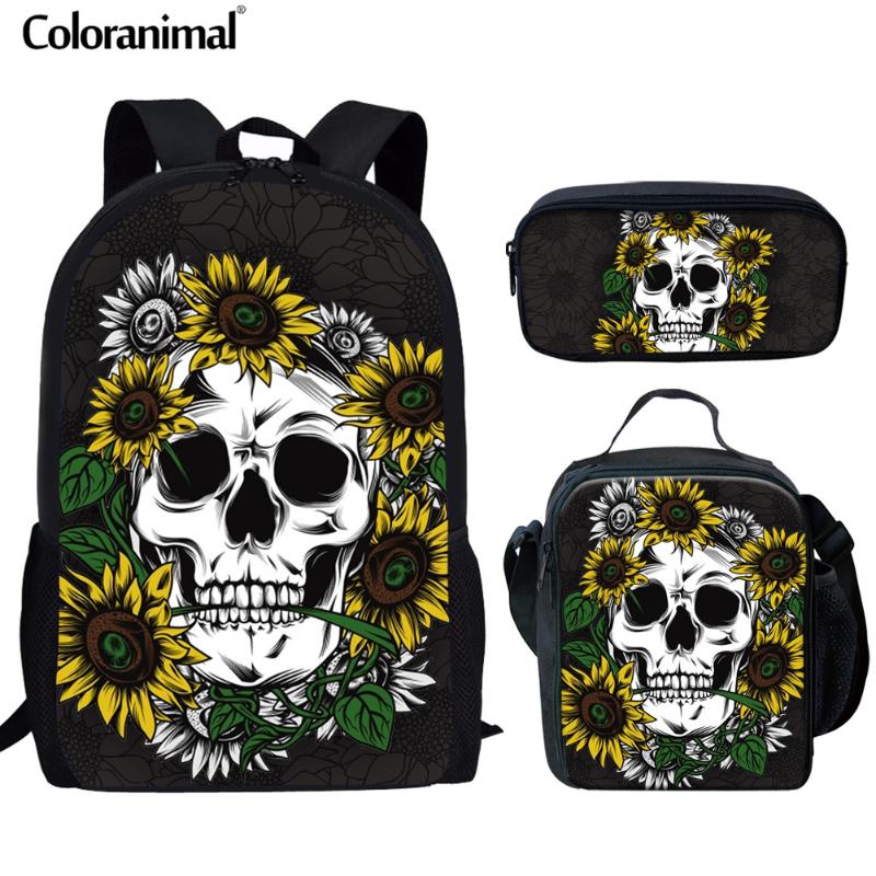 

Coloranimal Cute Sunflower Women Backpack Children Kids Mochila Escolar 3pcs Set Floral Skull Schoolbag Lunch Boxes For Girl Boy School Bags