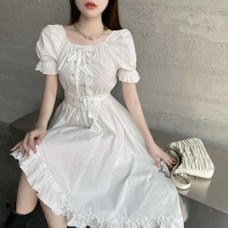 

Korean Summer Elegant Square Collar Vintage Puff Sleeve Lace Up Casual Irregular Ruffles Midi Dress Female Vestidos 210526, White