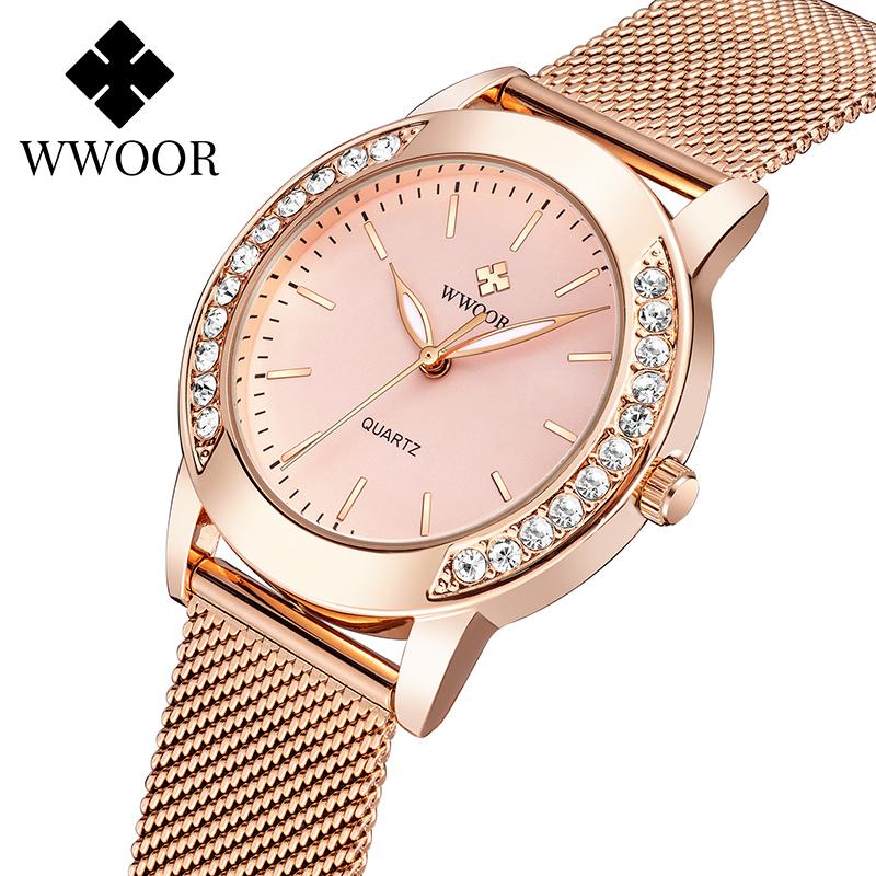 

Women Fashion Pink Bracelet Watch 2021 Top Diamond Quartz Ladies Rose Gold Wrist Gift Clock Wristwatches, White